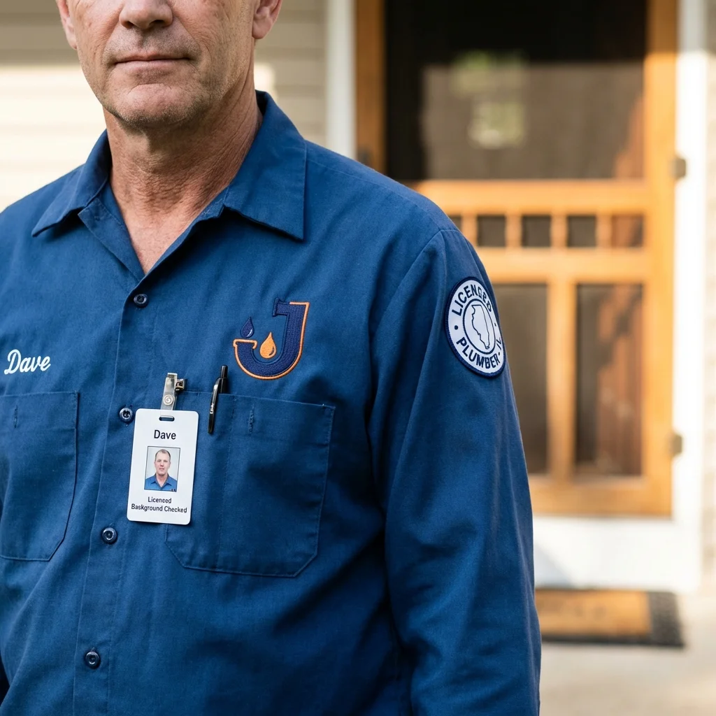 Licensed plumber showing ID badge in Brookhaven, NY