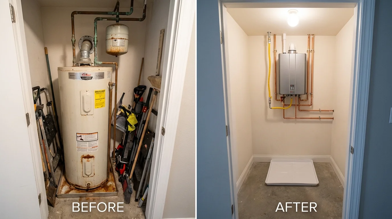 Tank water heater versus wall-mounted tankless unit comparison for Brookhaven, NY homeowners
