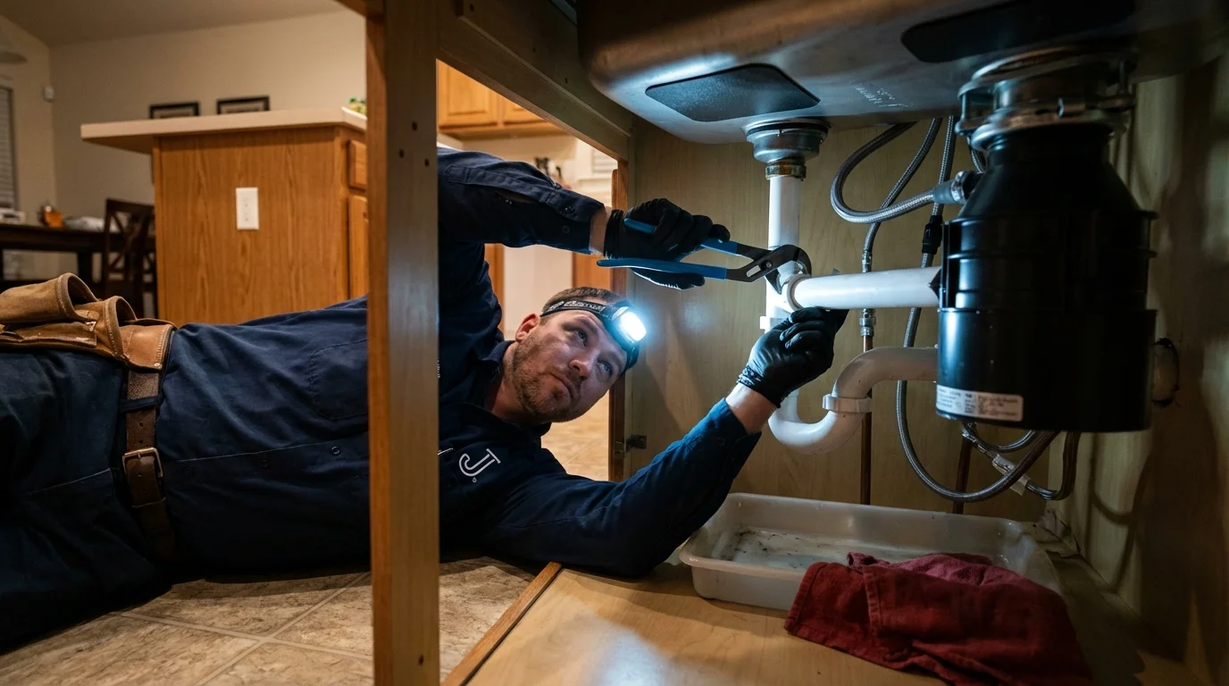 P-trap and supply line connections under a kitchen sink showing a common leak point in Brookhaven, NY